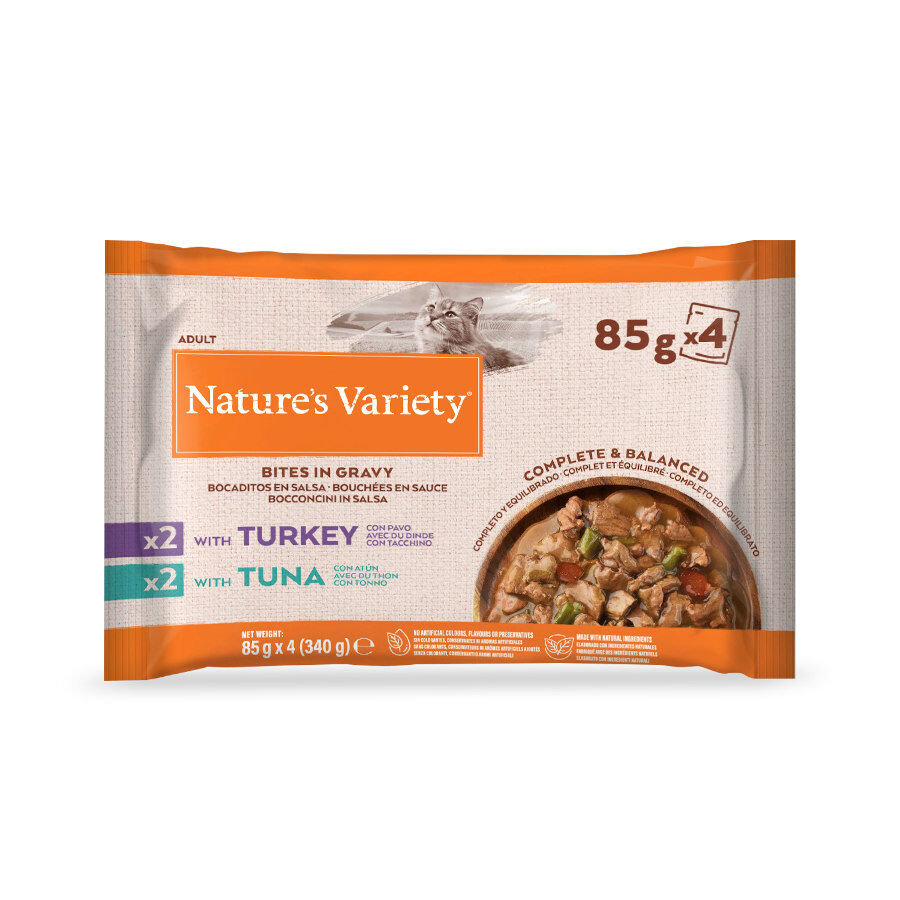 4 sobres x 85 g Nature's Variety Bocaditos de Pavo y At&uacute;n Sobre en Salsa para gatos, , large Imagen numero 2